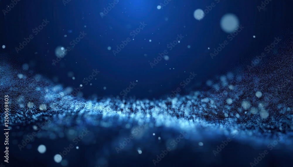 Poster ethereal blue abstract wave of glowing digital particles with floating bokeh, perfect for tech background or futuristic design

