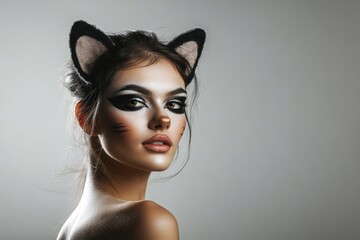 A woman wearing cat ears and makeup, possibly for a costume or fantasy event