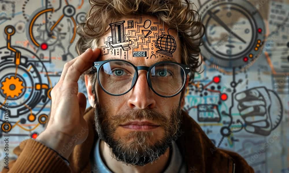 Aufkleber man with creative designs on forehead explores concepts of technology and innovation in a modern wor
