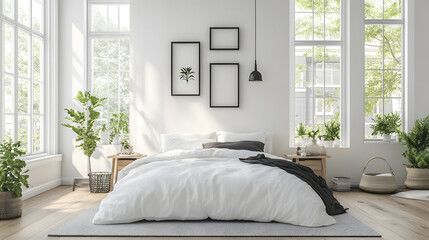 Stylish bedroom setup with natural light and plants.
