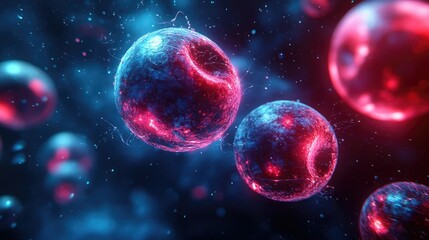 Fototapeta premium Abstract depiction of glowing cells in a vibrant, cosmic environment.