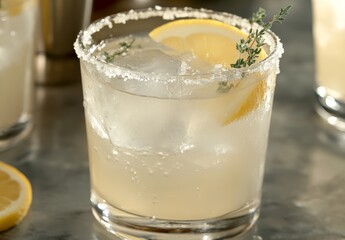 Summer's refreshing touch with a citrus cocktail of orange and lemon juice, garnished with ice, all set against a gray backdrop