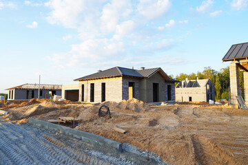 Villa construction. Prefab house under construction. Suburb house Construction. Prefabricated home...