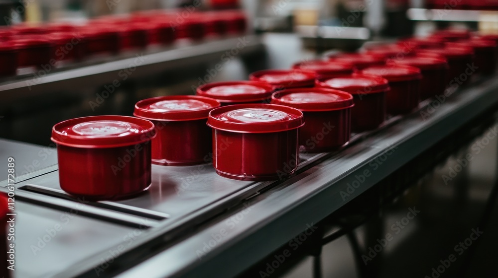 Poster red containers lined up on a production line in a factory setting with blurred machinery in backgrou