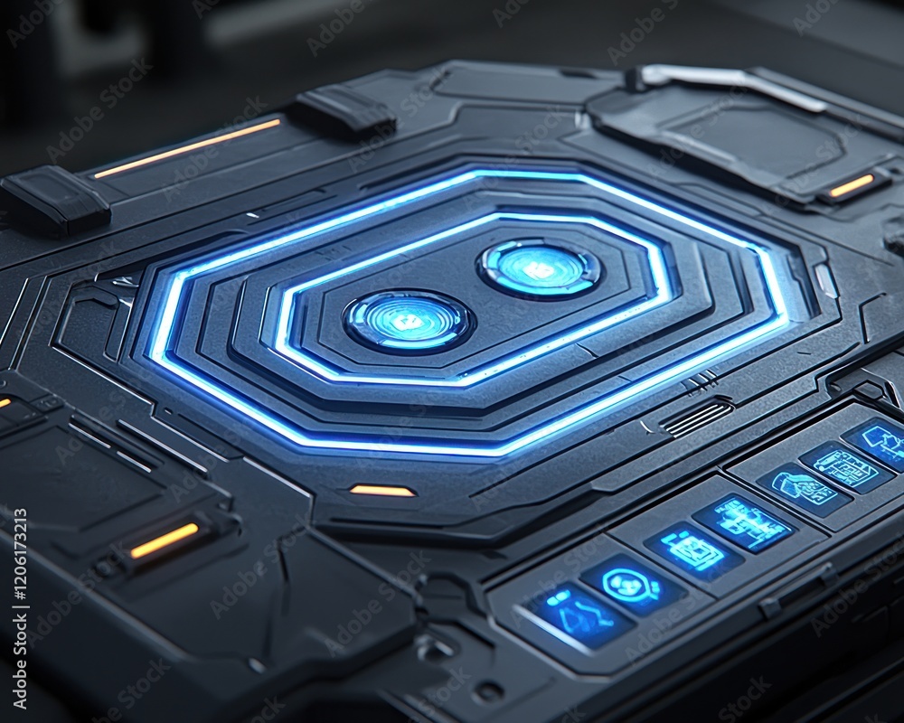 Poster futuristic device with glowing blue circuits and control panel close up