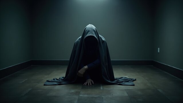  A figure covered by a heavy, dark cloak, hunched over in the center of a dimly lit room, with walls slowly closing in, representing the suffocating weight of depressive thoughts.