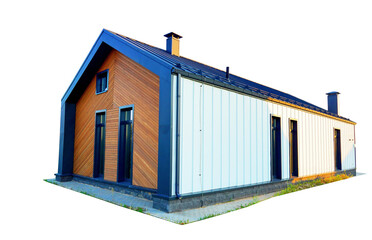 Barn House isolated on white. Barn House, Modern design house. Wooden Scandi home on white background. Modern Scandinavian Barnhouse isolated on white background. Contemporary barn family house. © MaxSafaniuk
