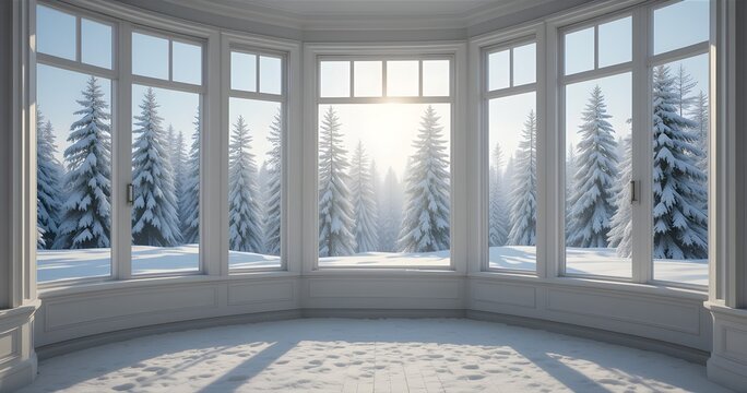 Winter wonderland, snowy landscape, large bay window, sunlight streaming through, long shadows on floor, white interior, frosted pine trees, serene atmosphere,
