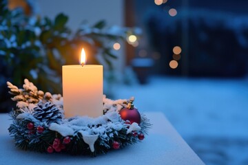 A lit candle sits atop a snowy table, perfect for winter scenes or cozy ambiance