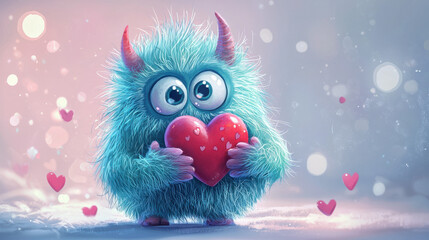 Fototapeta premium Cute Fluffy Monster with Heart for Valentine’s Day Celebration