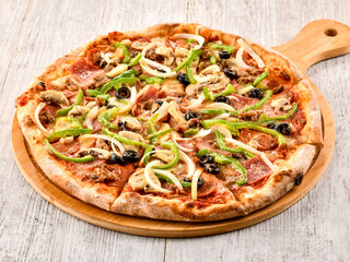 Supreme Pizza with Variety of Topping including pepperoni, sausage, mushrooms, onions, and olives served on wooden board side view of italian fast food
