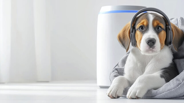 Adorable puppy wearing headphones, relaxing on blanket near air purifier