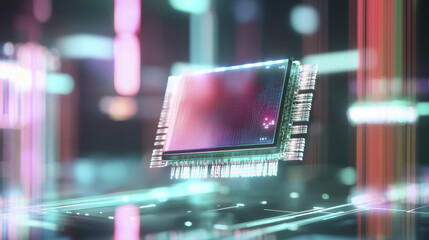 High tech microchip with glowing circuits and digital elements, showcasing advanced technology and innovation