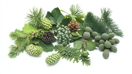 Fototapeta premium A collection of pine cones surrounded by green leaves