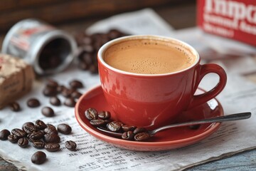 A cup of freshly brewed coffee filled with aromatic coffee beans