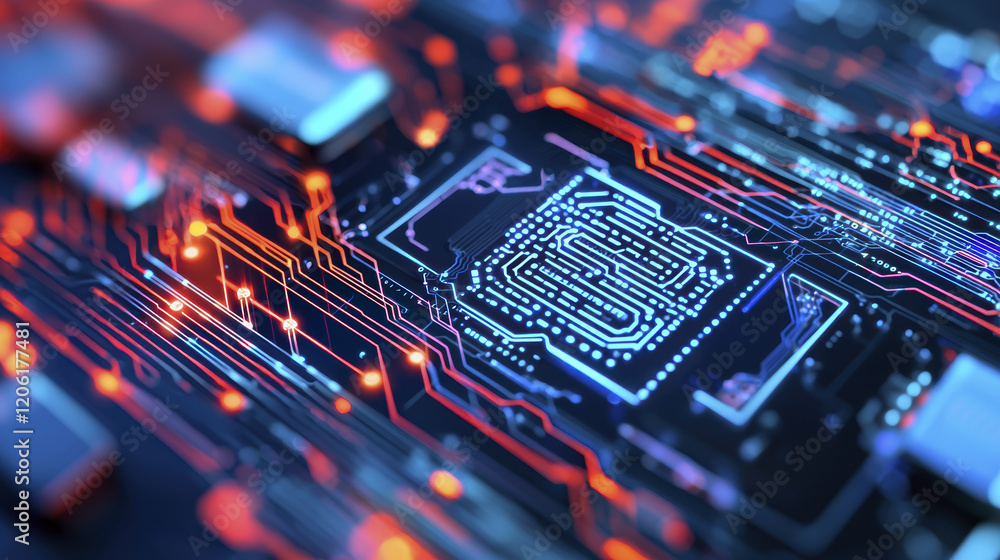 Poster close up view of circuit board showcasing intricate electronic patterns and vibrant colors, symboliz