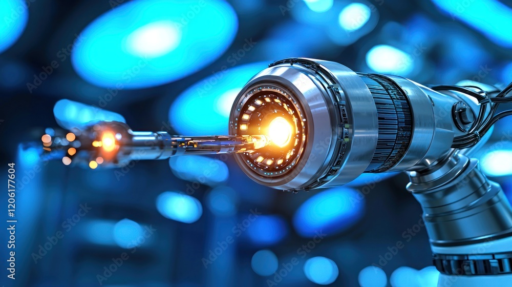 Poster futuristic robotic arm performing precise task in high-tech setting