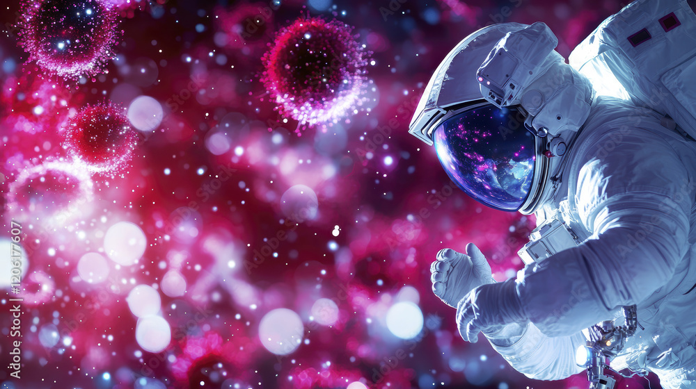 Poster astronaut exploring vibrant cosmic environment with colorful particles