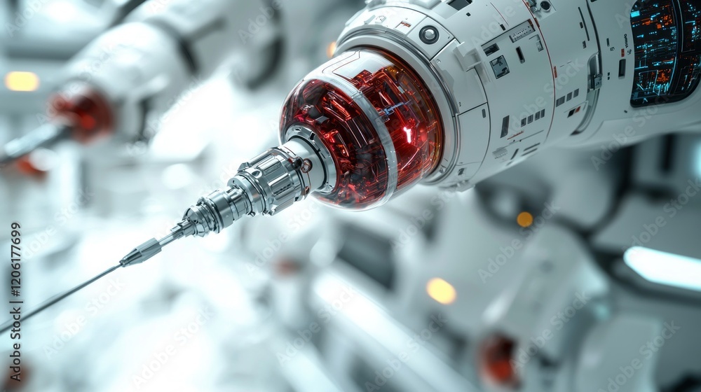 Poster futuristic robotic arm with glowing red accents in a technological setting