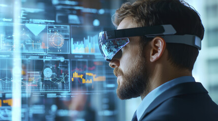 man wearing augmented reality glasses analyzes data on digital screen, showcasing technology and innovation