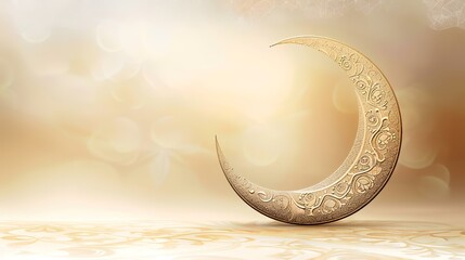 Ornate crescent moon on bokeh background, Ramadan greeting card design