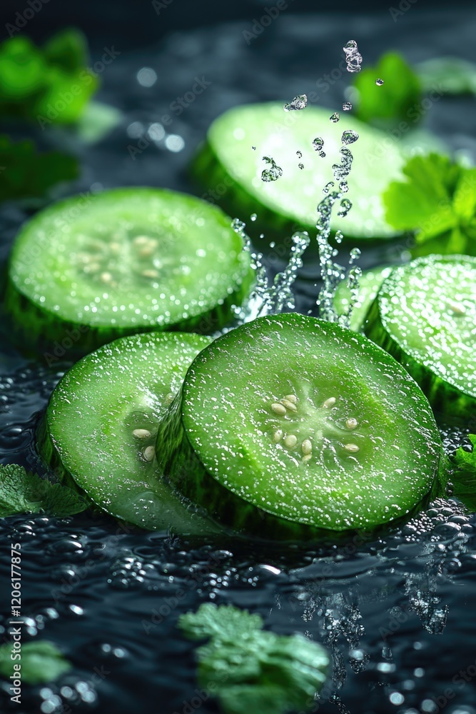 Poster fresh cucumber slices on a table, ready for use in salads or as a snack