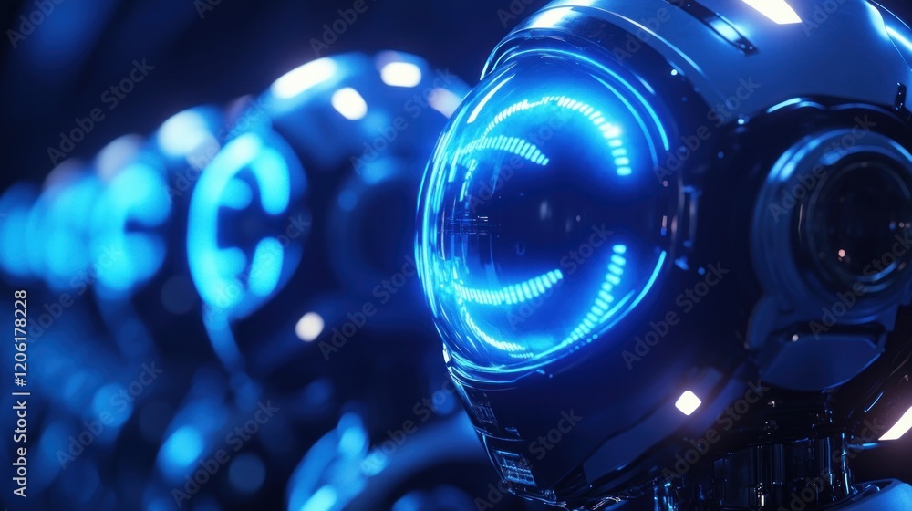Poster futuristic robots with glowing blue lights in a dark setting