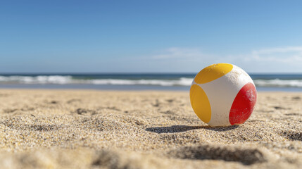 colorful beach ball resting on sandy shore, with ocean waves in background, evokes sense of summer fun and relaxation