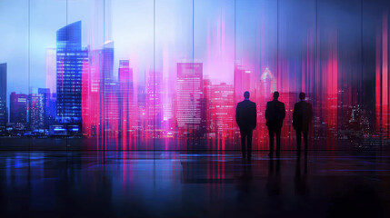 Fototapeta premium Three business professionals silhouetted against vibrant city skyline, showcasing blend of modern architecture and colorful lights