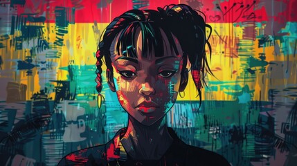 creative illustration portrait of a woman with bold colors and abstract patterns, set against a Ghanaian flag-inspired backdrop, symbolizing cultural pride, identity, and creativity