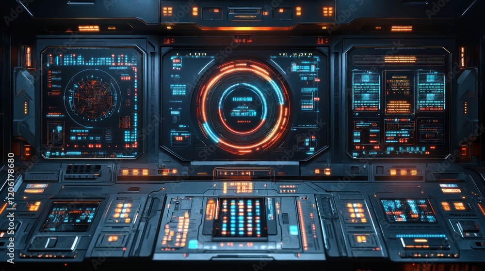 Poster futuristic spaceship control panel interface with glowing lights and intricate details: a detailed 3
