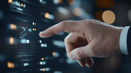 businessman interacts with digital interface, analyzing data trends and statistics. scene conveys sense of innovation and technology