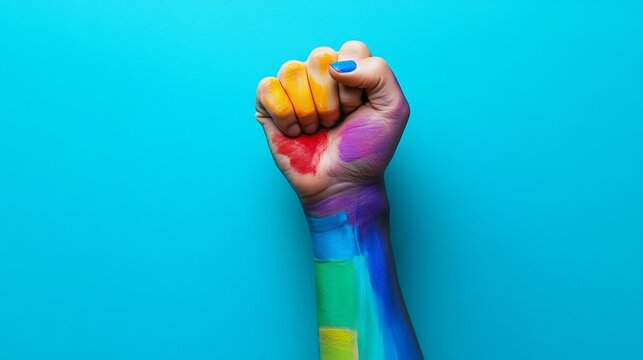 Hand painted with rainbow colors making fist on blue background