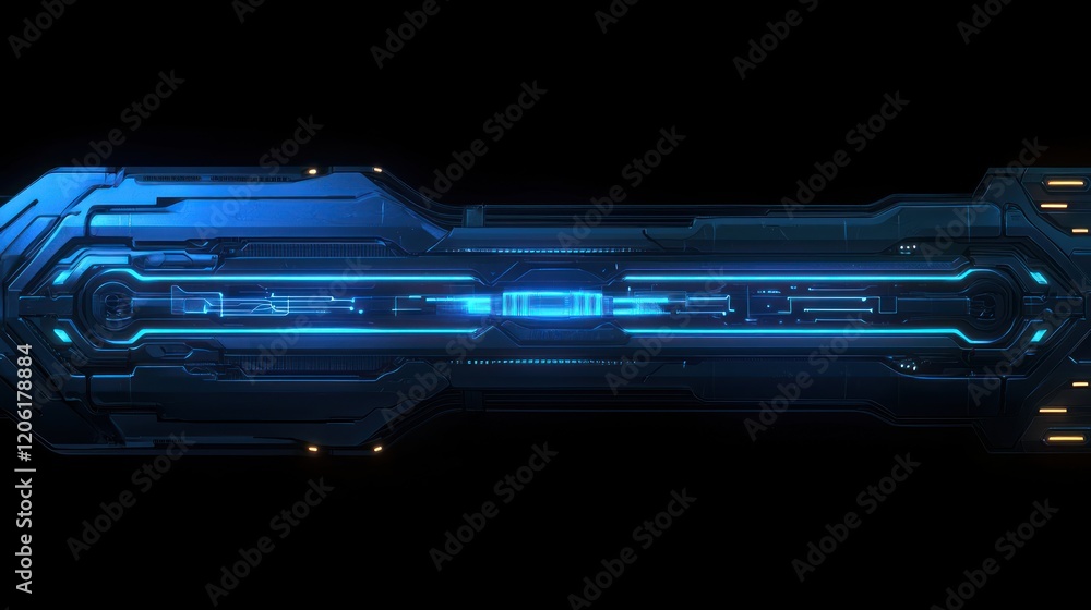Poster futuristic spaceship interface element with glowing blue lines and dark metallic design