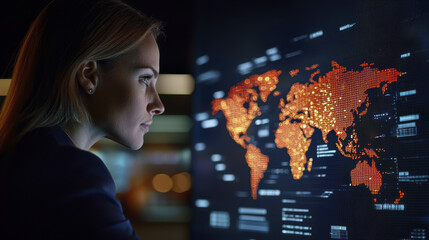 Businesswoman analyzing global data on digital screen, focused and engaged