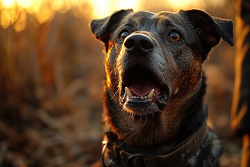 Close-up of a dog's face with its mouth open, suitable for pet-related or funny concept imagery