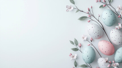 A sleek and modern Easter banner, clean white background with minimalist pastel Easter eggs. 