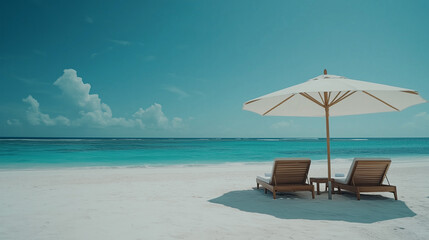 Fototapeta premium A luxurious tropical beach setting, two wooden lounge chairs under a large white sun umbrella, pristine white sand stretching to the turquoise ocean.