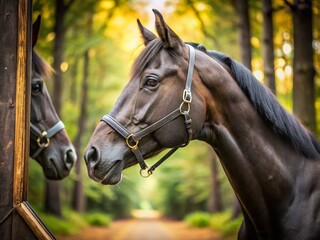 Obraz premium Majestic Black Mare Horse Portrait: Forest Reflection in Leather Halter