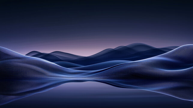 A surreal, abstract landscape of flowing ribbon-like structures, shifting between dark blue and deep purple hues, subtle reflections creating a sense of depth.