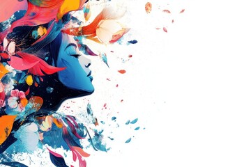 Obraz premium Drawing. A beautiful female profile, dissolving into bright leaves containing a hidden message about life, on a white background, with a place for text, a banner