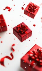 Red Gift Boxes with Floating Ribbons, Festive Celebration Vibes