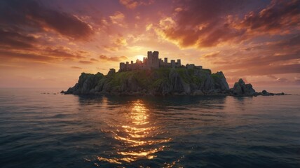 Castle on the island at sunset. Panoramic view.