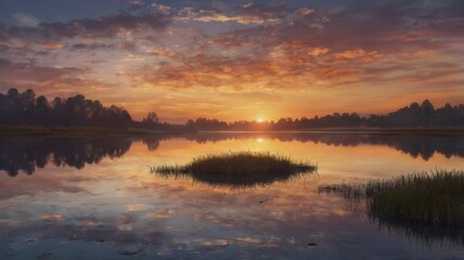 Obraz premium Beautiful sunset over the lake with reflection in water. Colorful summer landscape.