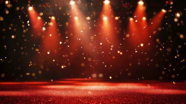 Red stage with spotlights and falling confetti. - Powered by Adobe