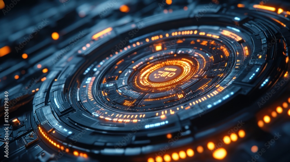 Aufkleber futuristic technological interface with glowing concentric rings and central display