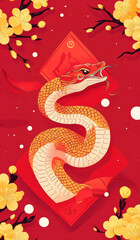 Obraz premium Chinese New Year Red Envelope with Snake Pattern and Yellow Flowers