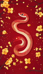 Fototapeta premium Chinese New Year Red Envelope with Snake Pattern and Yellow Flowers