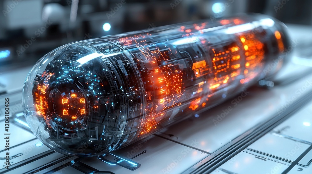 Poster futuristic transparent capsule with glowing internal circuitry, high-tech innovation, advanced scien