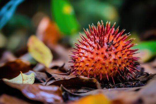 A close-up view of a spiky fruit lying on the ground